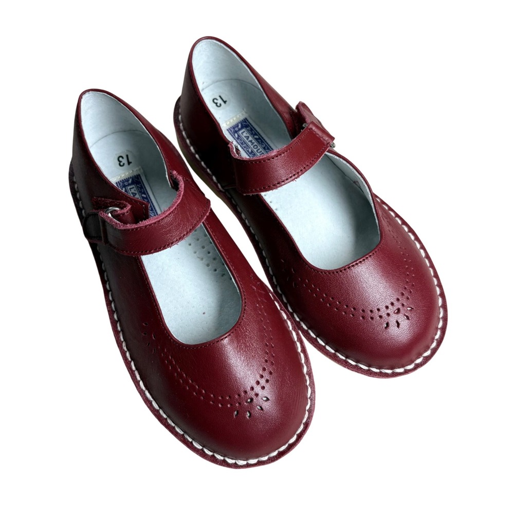 L'Amour Kids Burgundy Leather Mary Jane Shoes Size 13 Red Classic T-Strap Flats